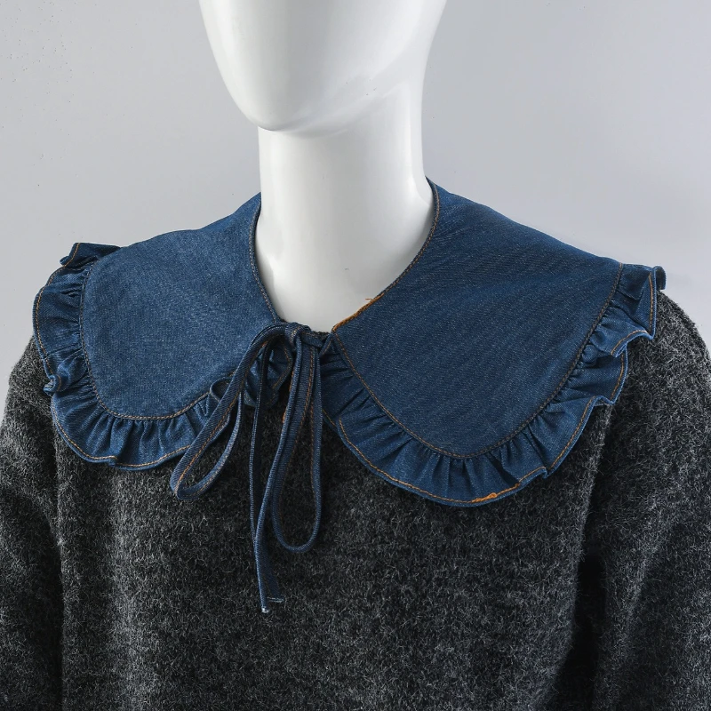 Korean Denim Lapel Fake Collar with Fungus Edge Shirt Detachable Collar Clothing Decoration Lace Up False Scarf Collar Shawl
