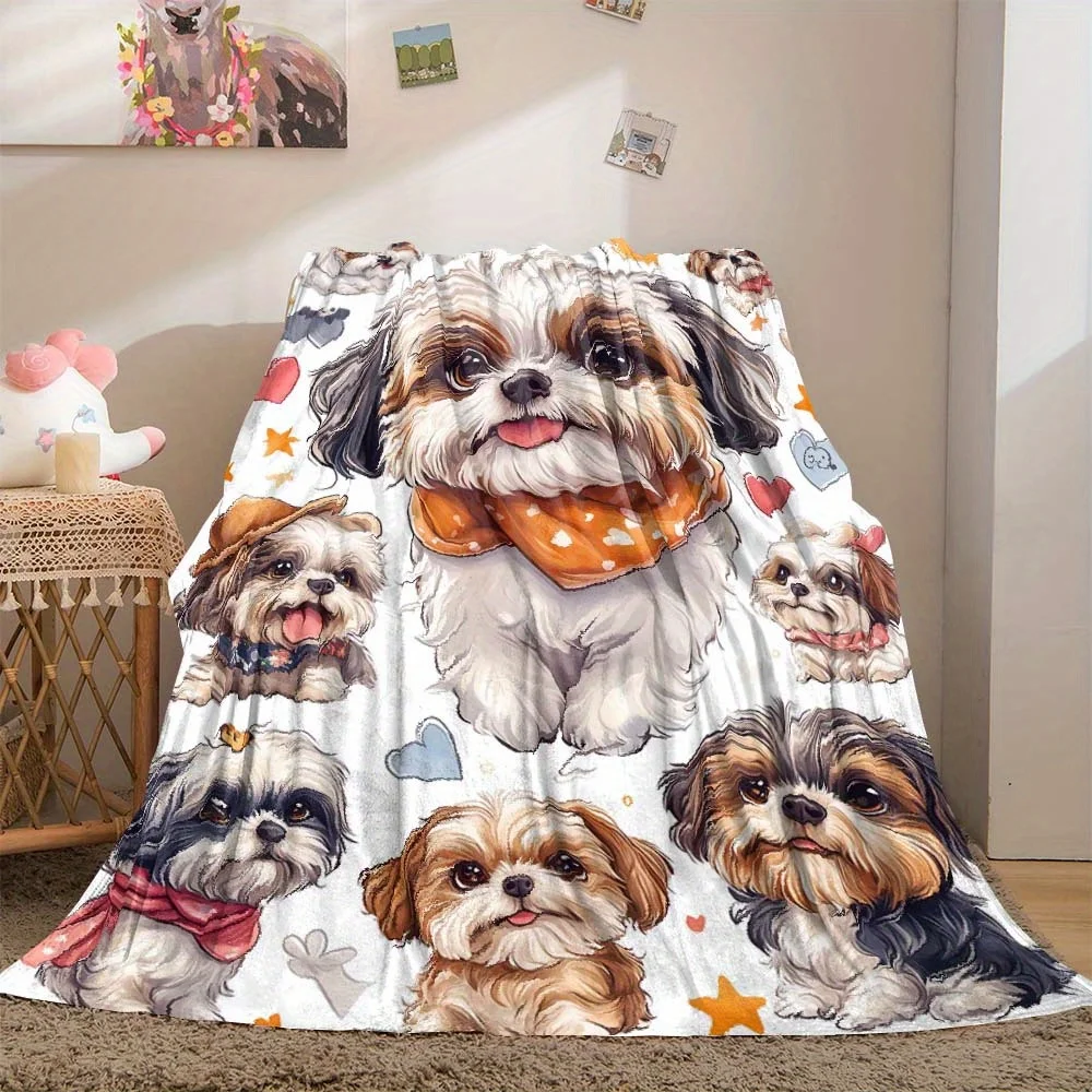Custom Cartoon Shih Tzu Fleece Blanket Personalized Name Text Cute Puppy Print Throw Soft Warm All Season Bedding Gift for Kids