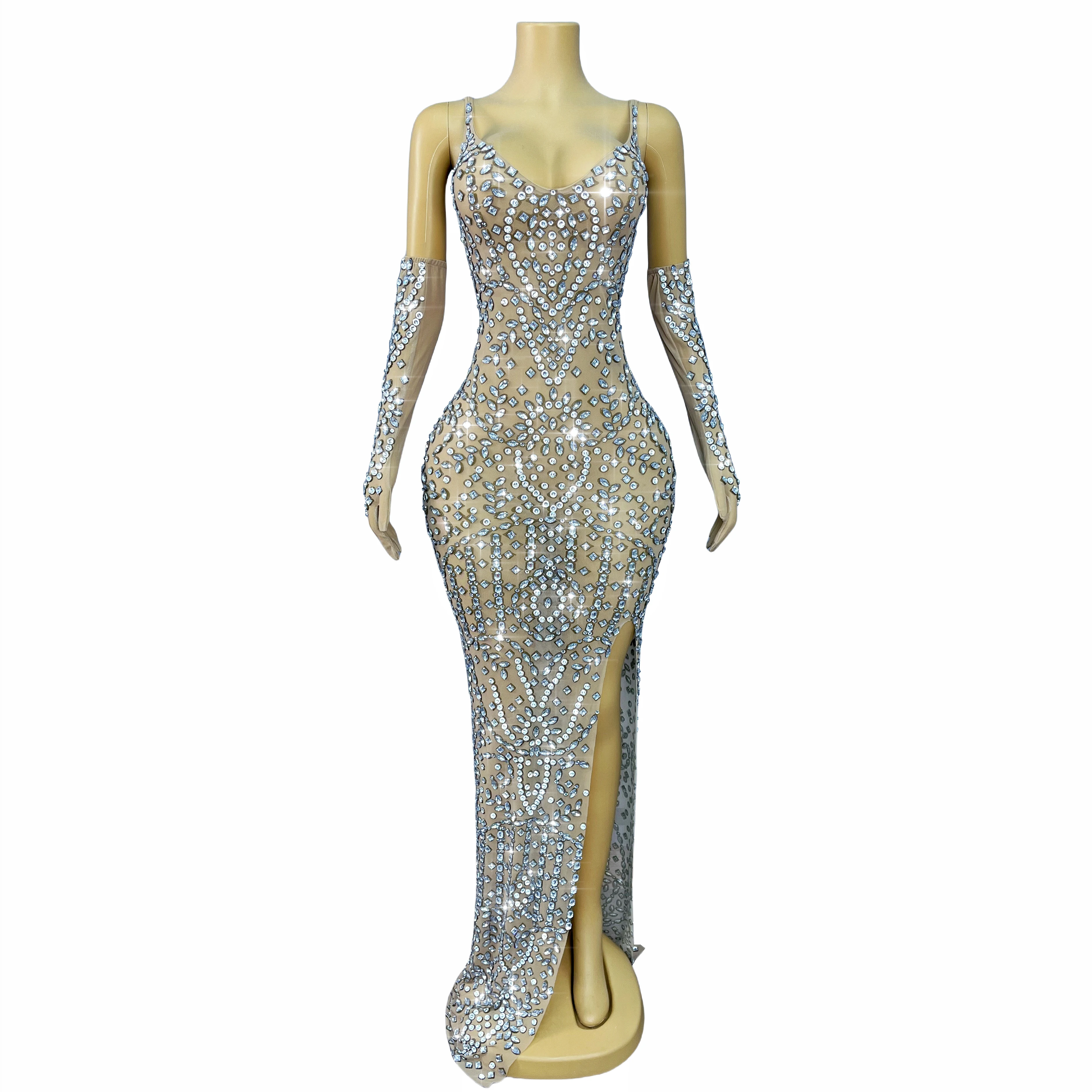 Elegancka suknia wieczorowa z wysokim rozcięciem, zdobiona wysokiej jakości błyszczącymi cyrkoniami, na ramiączkach, z rękawiczkami, strój na pokaz mody, suknia Xingyunzuan