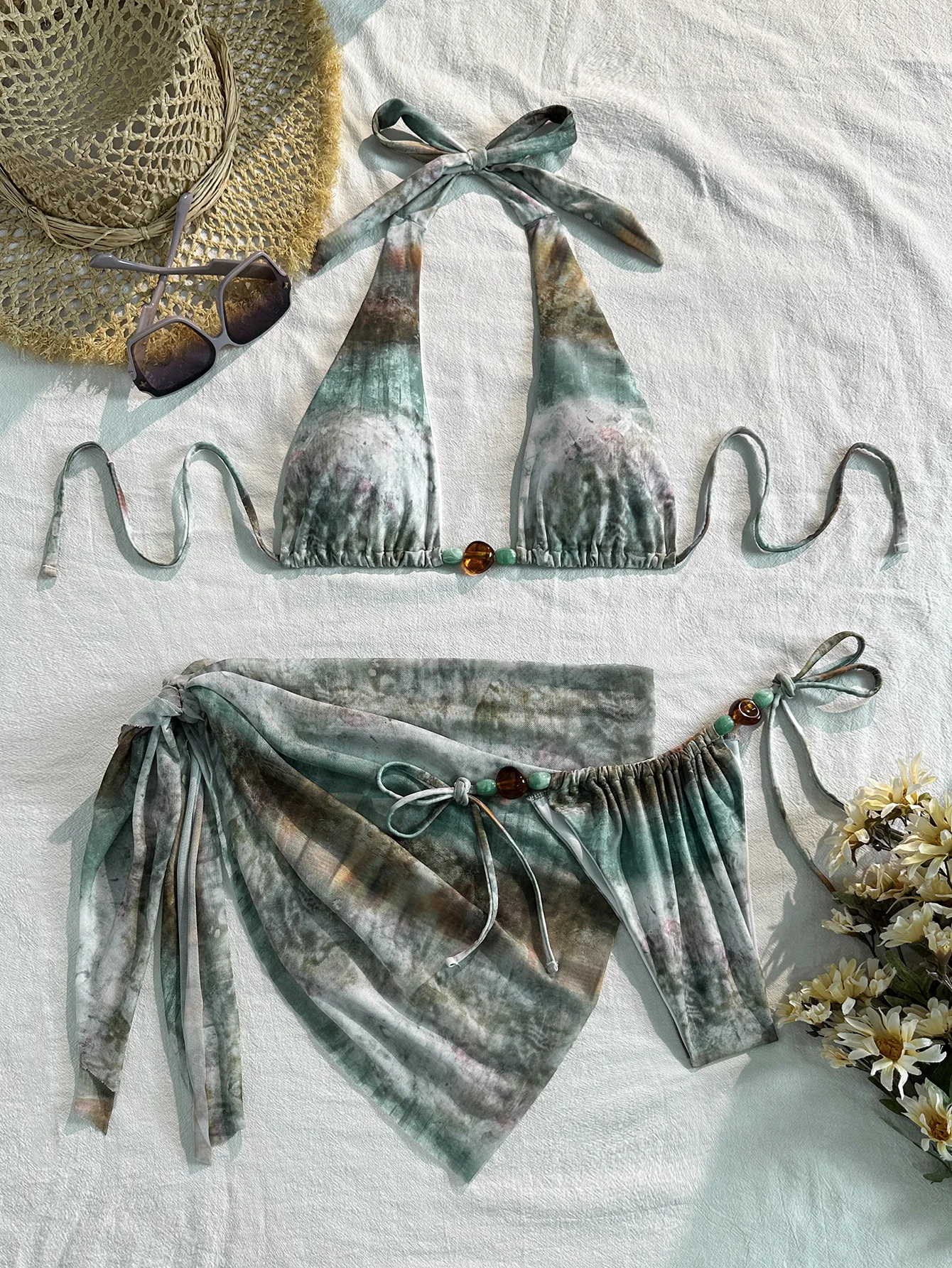 Green Tie Dye Ghradient Bikini Set 2026 Women Pearls Strap Push Up Bra Thong Swimsuit Beach Bathing Suit Skirt 3 Piece Swimwear