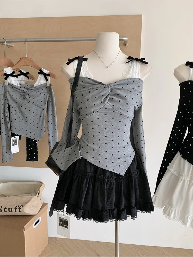 Fall Women Ballet Core Gyaru Design Polka Dot Crop Top Long Sleeve T-Shirts Y2k Coquette 2000s Aesthetic Shoujo Lace Bow Kpop