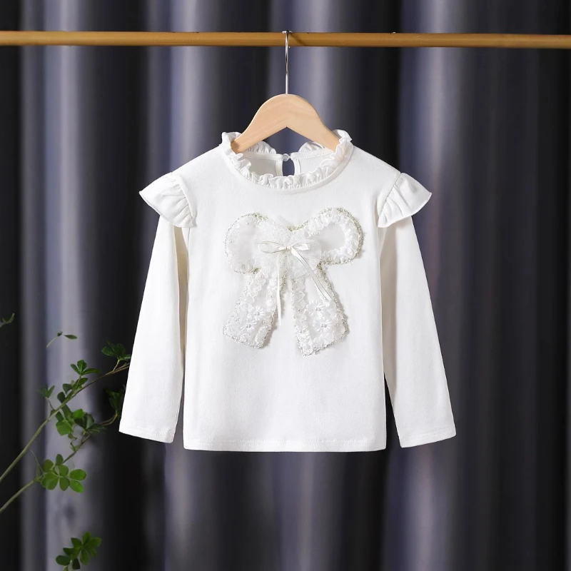 

2025 Autumn and Winter New Children's Stand Collar White Cotton Lace Bow Pattern Long Sleeved T-shirt