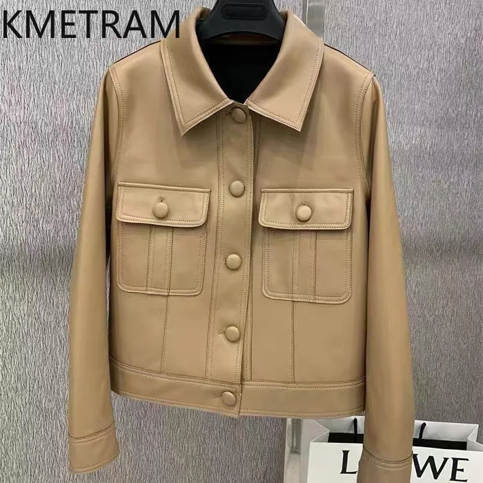 100% سترة جلد الغنم الحقيقي امرأة دراجة نارية قصيرة حقيقية سترات من الجلد المرأة الجديدة في ملابس خارجية الخريف الملابس 2025 Chaquetas