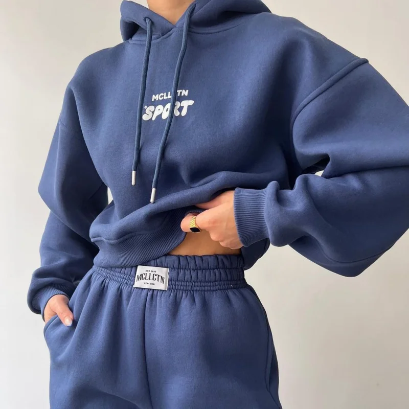 American Fashion Retro Sweater Suit Women's Sweatpants Sports Two-Piece Set Fleece-lined