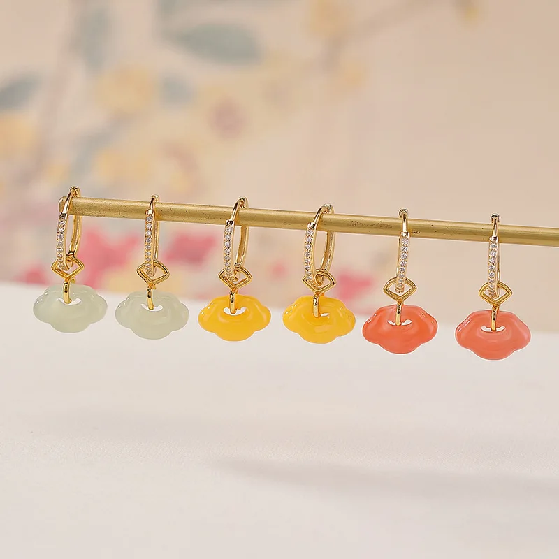 

S925 Sterling Gold-Plated Natural Hetian Jade Amber Red Ruyi Silver Ear Clip Earrings