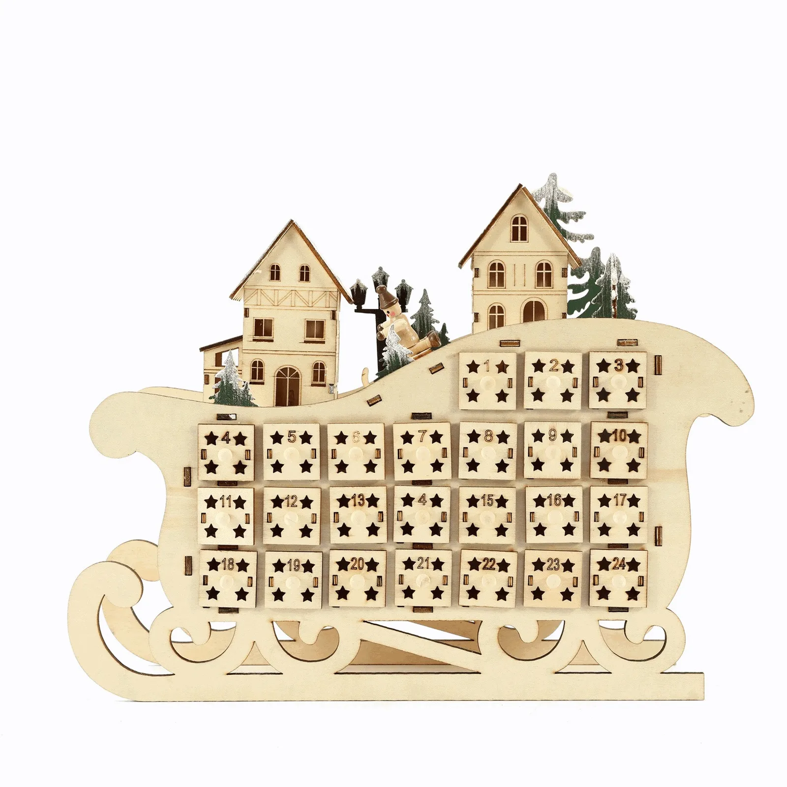 

Wooden 24 Countdown Christmas Calendar Creatived Home Sleigh Calendar Wooden LED Christmas Decoration Desktop Ornaments