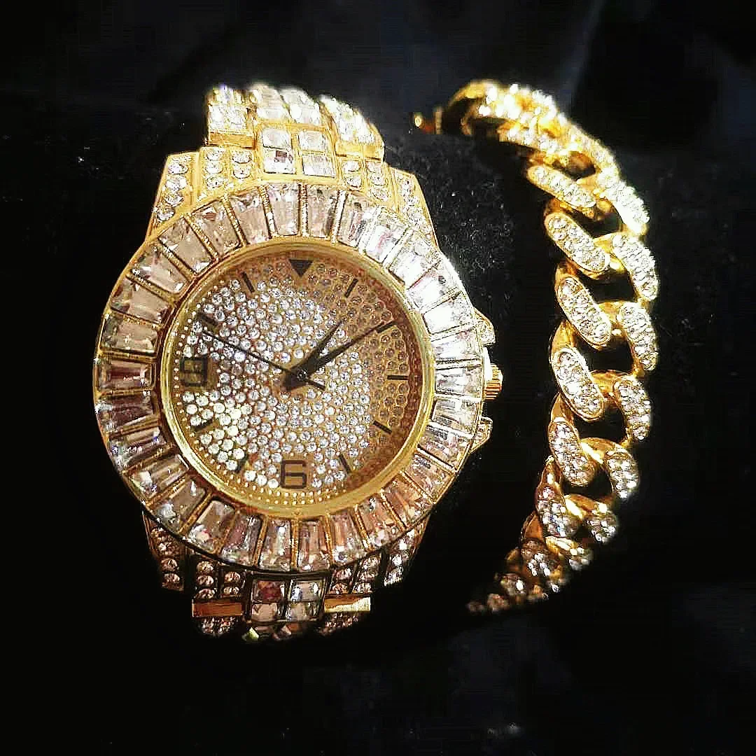 

Iced Out кубинские часы-браслет с цепочкой для женщин и мужчин, роскошные золотые блестящие мужские ювелирные изделия в стиле хип-хоп, комплект Pulseras Mujer