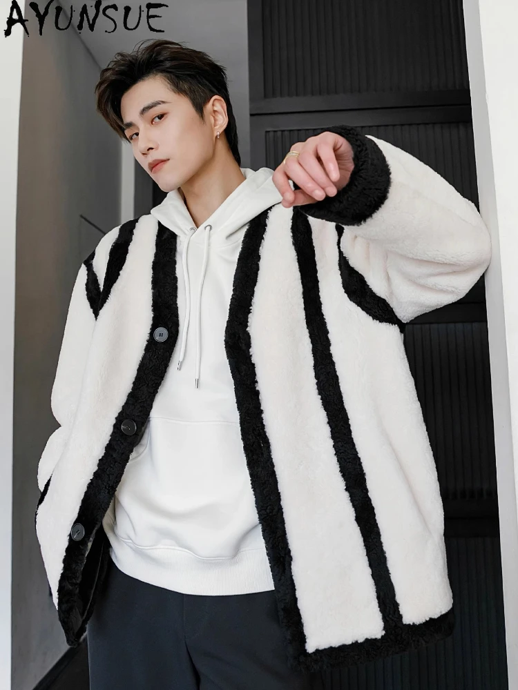 AYUNSUE 新ファッションリアルファーコート男本物のシープスキンレザージャケット V ネックシックなメンズ天然毛皮コートジャケット Chaquetas