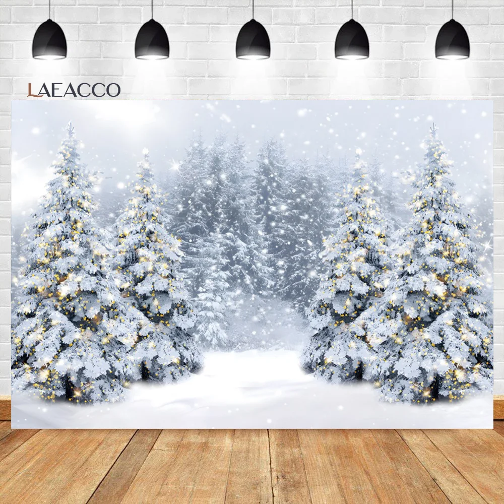 

Laeacco Winter Snow Scenery Backdrop Glitter Pine Trees Forest Snowfield Snowscape Kid New Year Portrait Photography Background