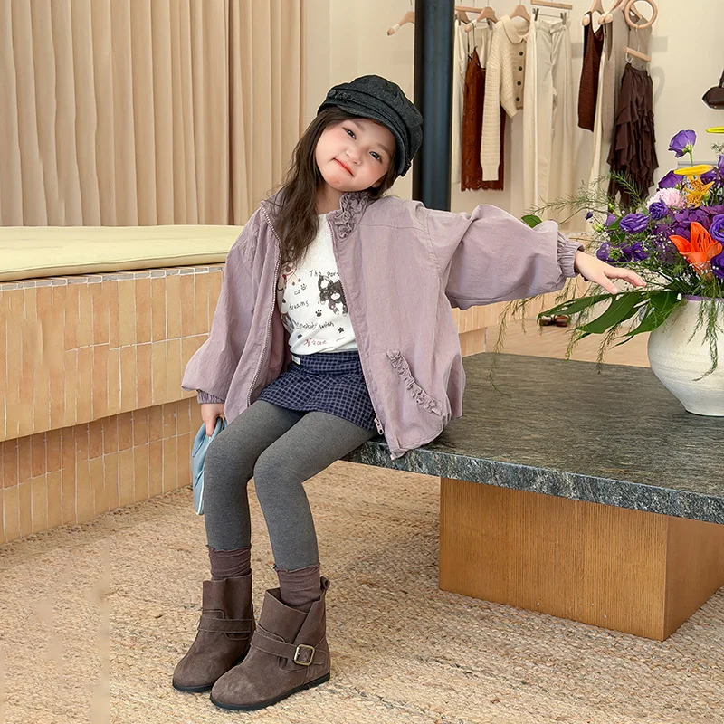 Autumn Lightweight Zipper Windbreaker for Girls Sweet Temperament Casual Flower Bud Hem Lace Windbreaker Stand Up Collar Jacket