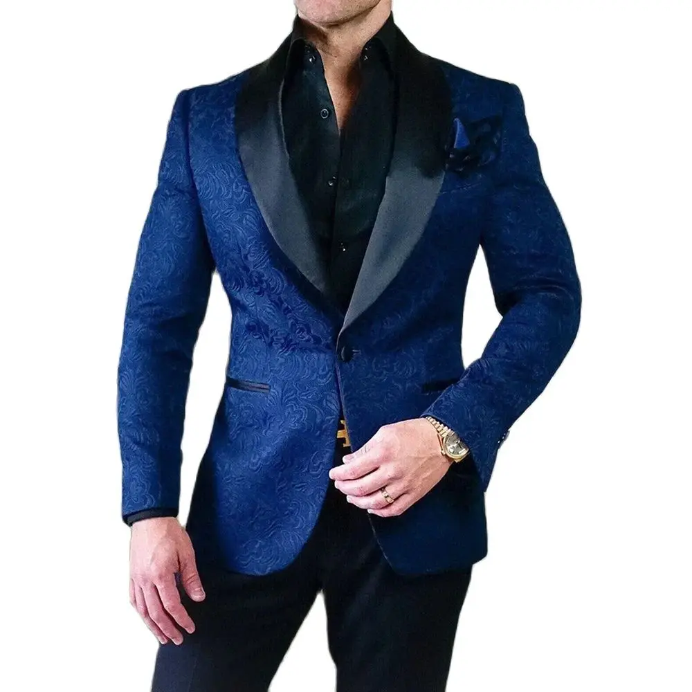 Men Jackets Royal Blue High-end Jacquard Shawl Lapel One Button Coat 1 Piece Fashion Groom Wedding Party Prom Jacket Slim