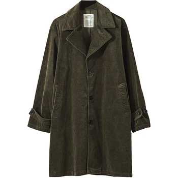 남성용 코듀로이 그린 트렌치 코트, 루즈핏 중간 길이 비즈니스 캐주얼 신사 재킷, 가을 겨울 착용 