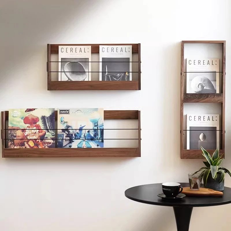 

Black Walnut Book Shelf Vintage Magazine and Vinyl Record Organizer Creative Living Room Wall Decor Solid Wood Display Rack
