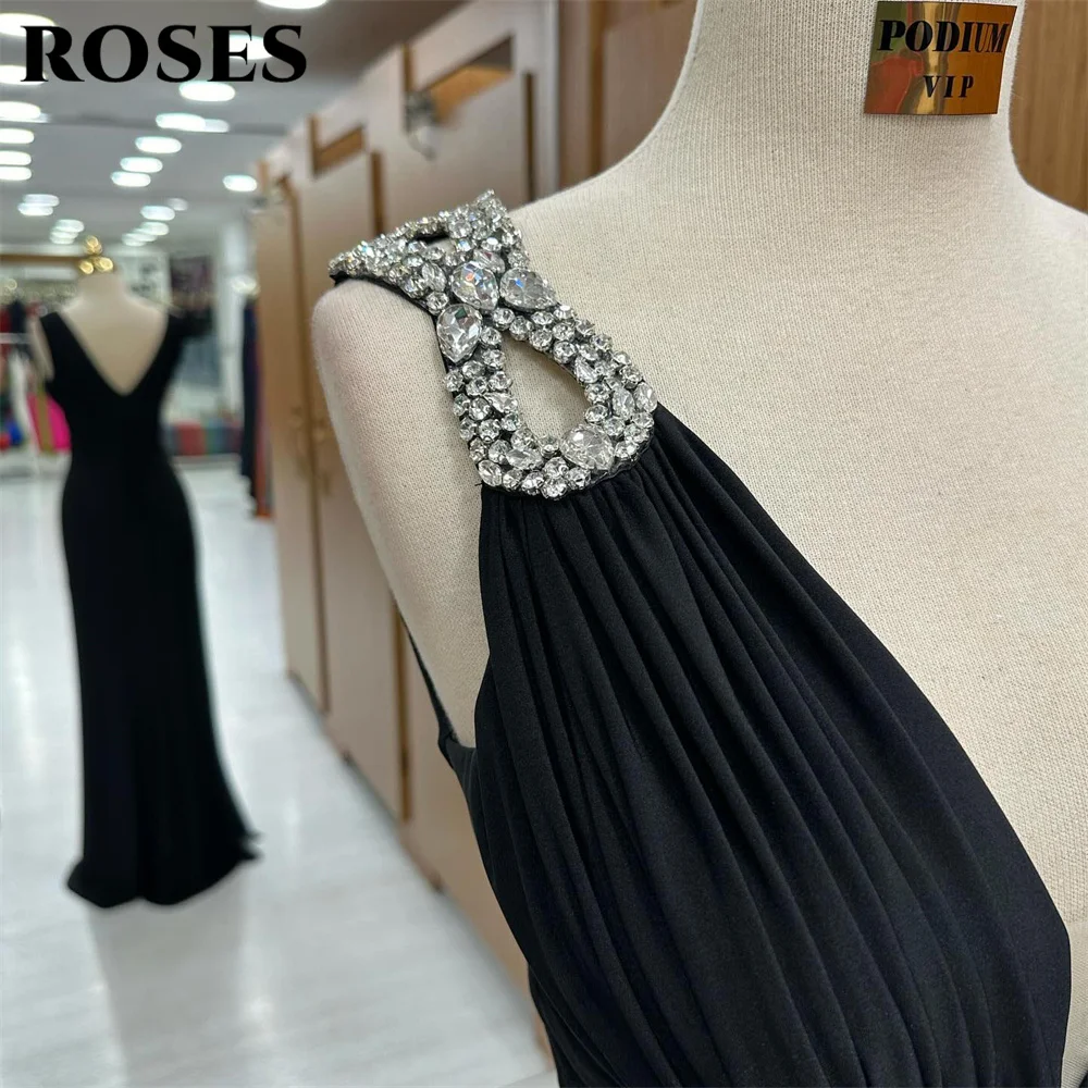 ROSES Black Stain Beach Prom Dresses Glitter Tank Sleeveless Party Dresses Pleat V Neck Formal Dress Floor Length فساتين السهرة