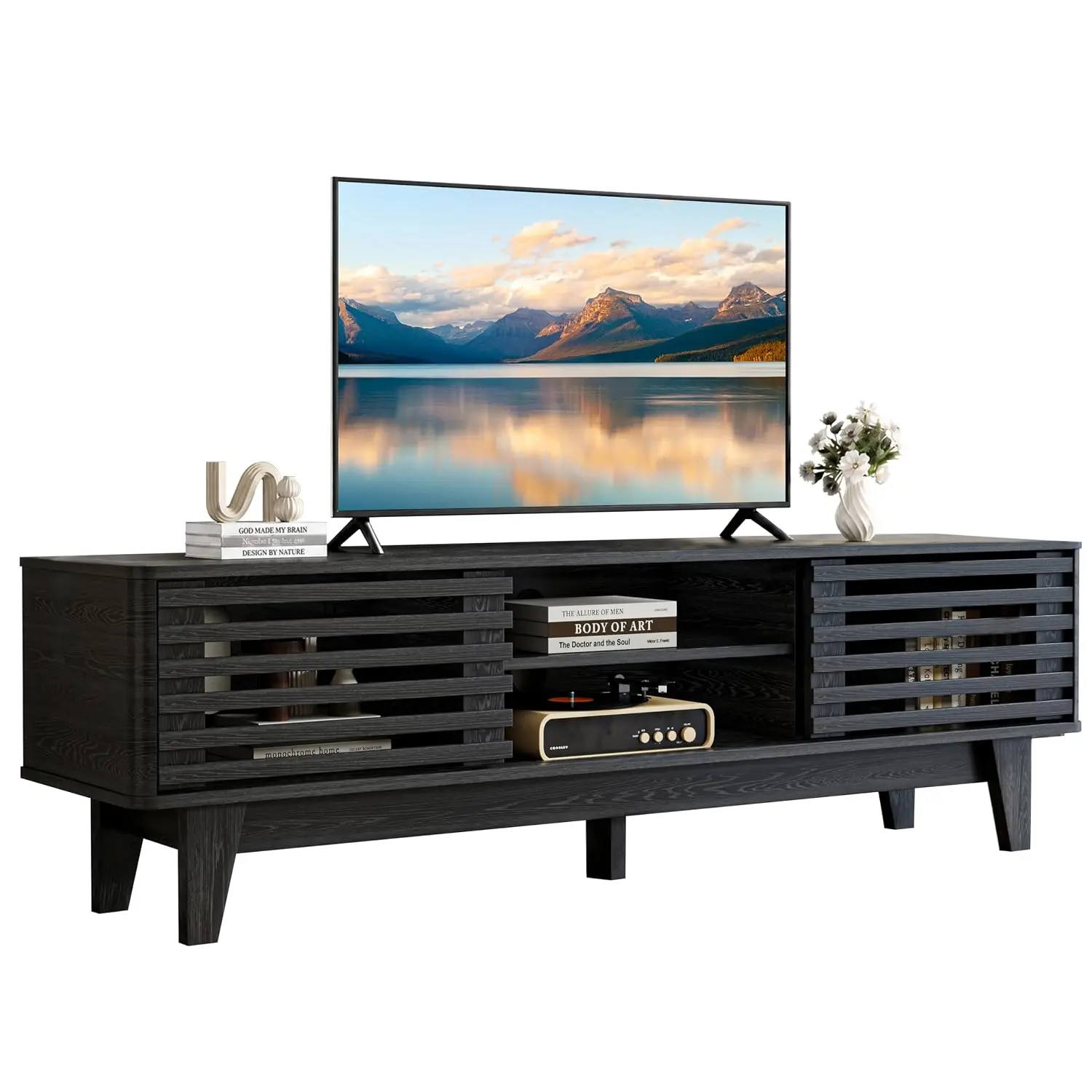 TV TV Stand with Storage, 59" Modern Black Wood Entertainment Center | Fits up to 65 Inch TVs, Media Console with, Customized - Aliexpress Deal