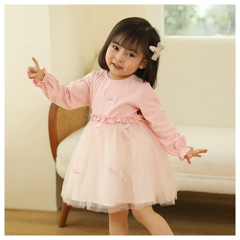 Spring Girls Long Sleeved Love Dress Red Cute Baby Dress 1-6 Years Old Girls Fluffy Mesh Skirt Sweet Children Clothing