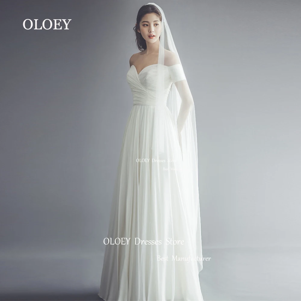 

OLOEY A Line Ivory Wedding Dress Korea Photoshoot Sweetheart Off Shoulder Bridal Gown Pleats Silk Teffeta Floor Length Corset