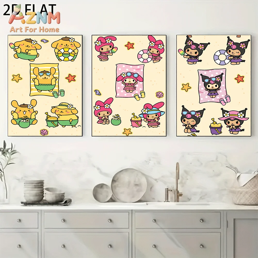 AZNM Sanrio Characters Canvas Wall Art Unframed Cute Cartoon Print Poster Summer Beach Pompompurin My Melody Kuromi Swimming Rin