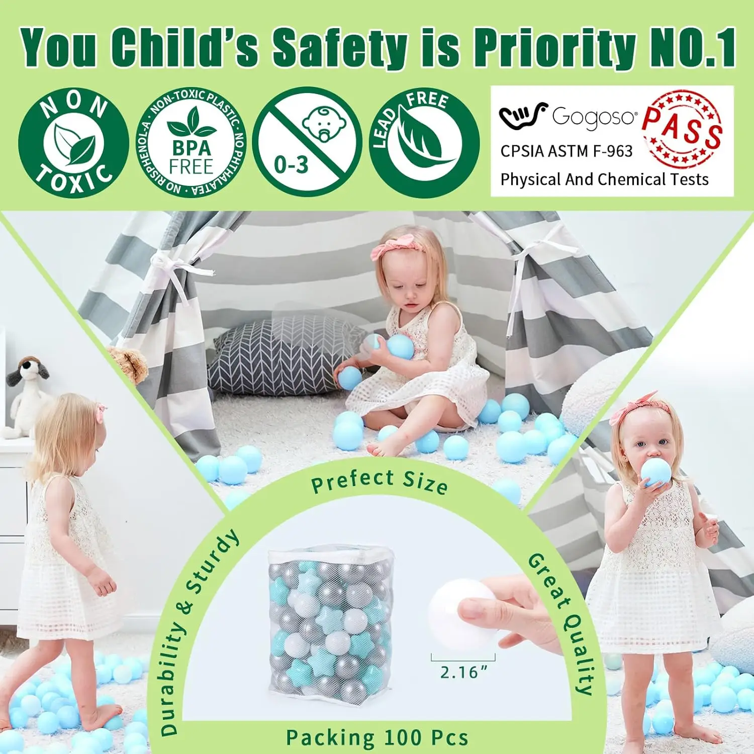Bolas de plástico para niños pequeños, parque infantil, piscina, decoración de fiesta Pastel para bebés, verde, gris y blanco, 100 bolas