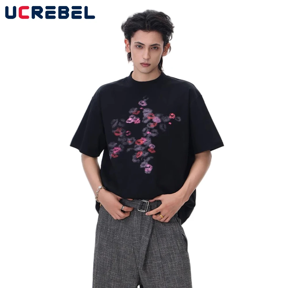 

Lip Print Short Sleeve T-shirt Mens High Street Summer Half-Sleeve Loose Crew Neck Cotton Tee Men Tshirt