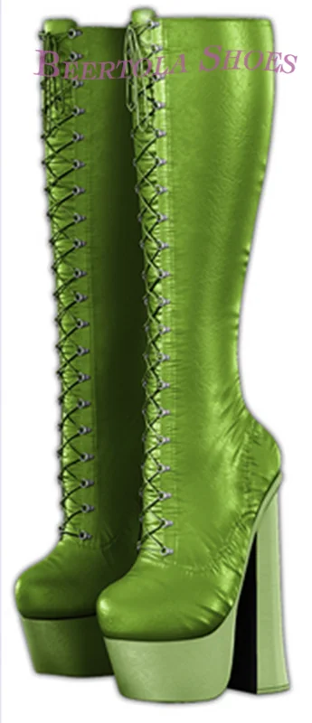 Red Leather White Gloss Platform Skinny Boots Women Patchwork Lace Up Knee Stretch Booties Spring Custom Mixed Color chunky heel