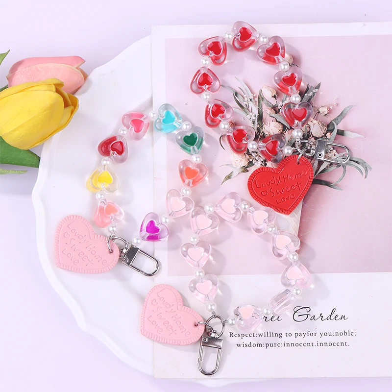 1pc Crystal Love Heart Lanyard For Phone Anti-Lost Bracelet Wristband Keychain For Mobile Phone Case Wrist Strap Car Keychain