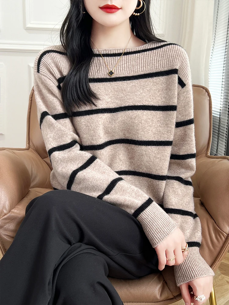 100% Pure Wool Knitted Pullover Women's Slash Neck Striped Sweater Fashion Loose Large Size Blouse Autumn Winter New Base Shirt