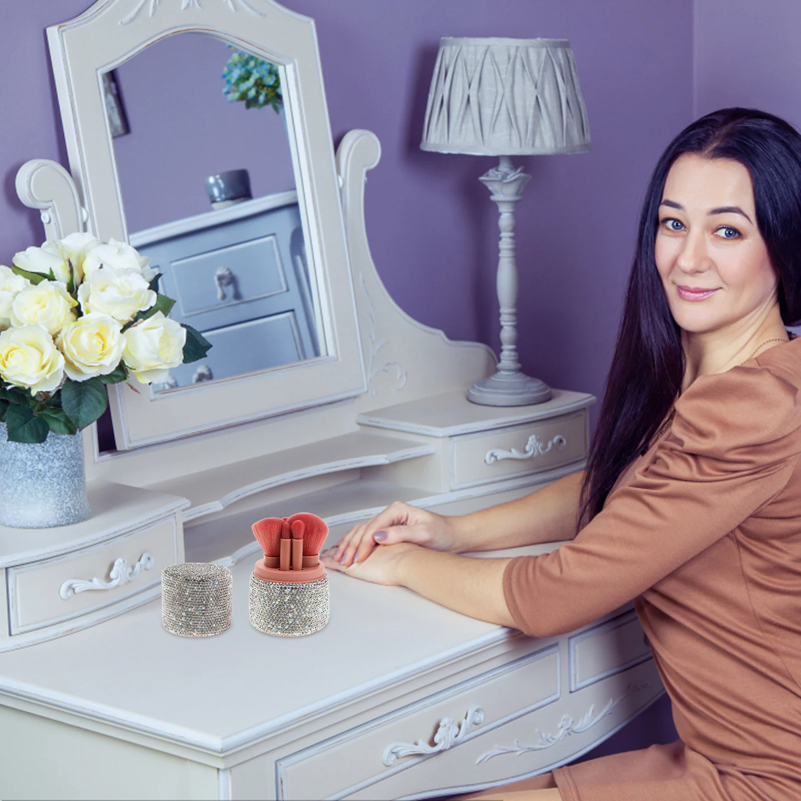 ชุดกล่องใส่แปรงแต่งหน้าแบบคริสตัล 1 ชุด ป้องกันฝุ่น พกพาสะดวก สำหรับแปรงปัดแป้ง รองพื้น อายแชโดว์ และแปรงเบลนด์