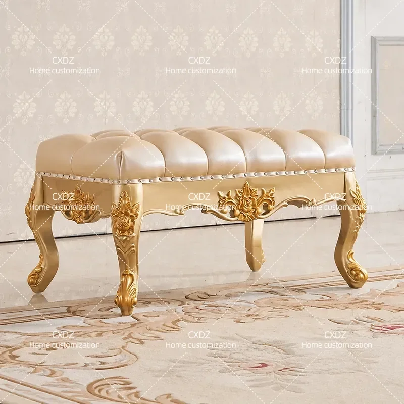 New European living room full solid wood carving flower leather pedal shoe changing stool sofa hair stool Foshan furniture