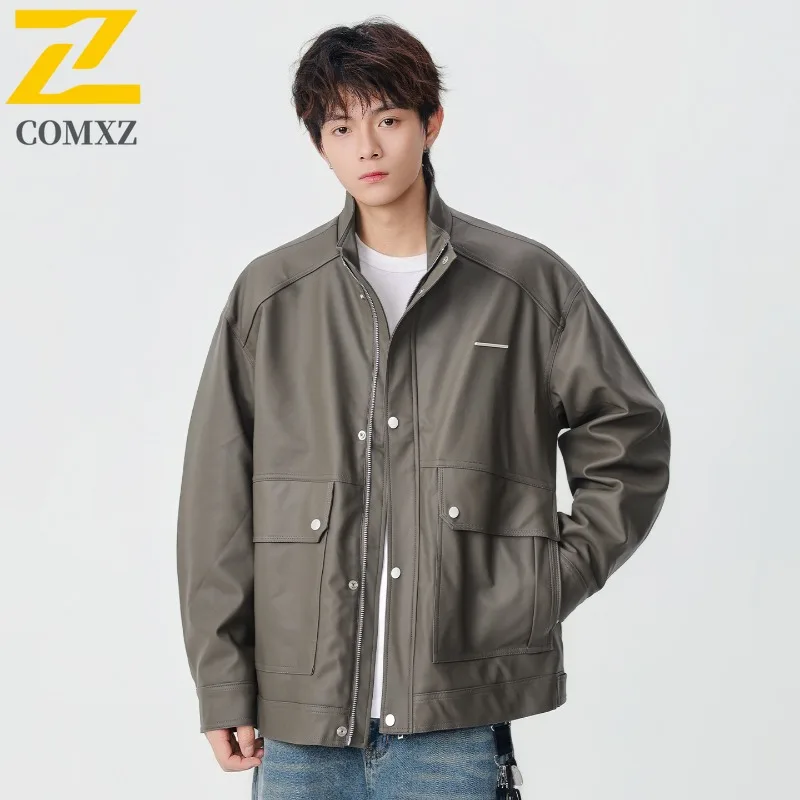 COMXZ 2025 スタンドカラーワークウェアレザージャケット メンズ 秋冬 ビッグポケットワークジャケット トレンド 日本風 ヴィンテージ 価格管理 219