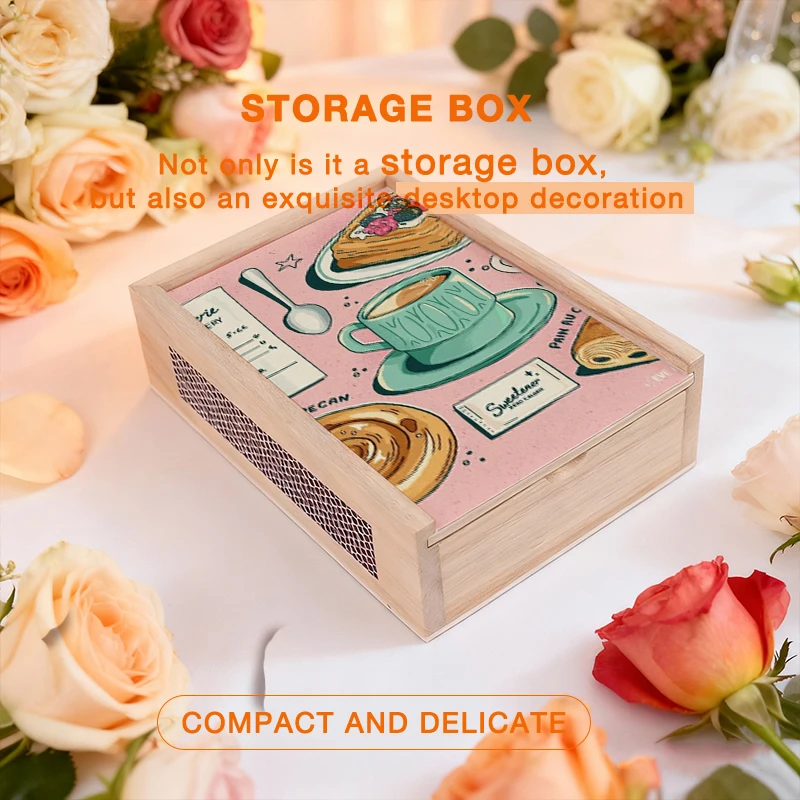 2D Print Wooden Multi Use Box for Jewelry, Cards or Tarot, Pastel Dessert Illustration Style, Ideal Gift for Valentine s Day or