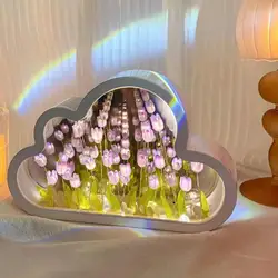 DIY Cloud Tulip LED Night Light Girl Bedroom Ornaments Creative Photo Frame Mirror Table Lamps Bedside Handmade Birthday Gifts