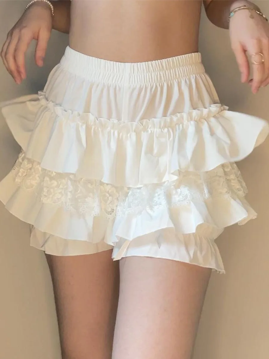 

Mxiqqpltky Ruffle Shorts Women Summer Elastic Waist Tiered Lolita Bloomers Sweet Fairy Lace Trim Pumpkin Pants Pettipants Y2K