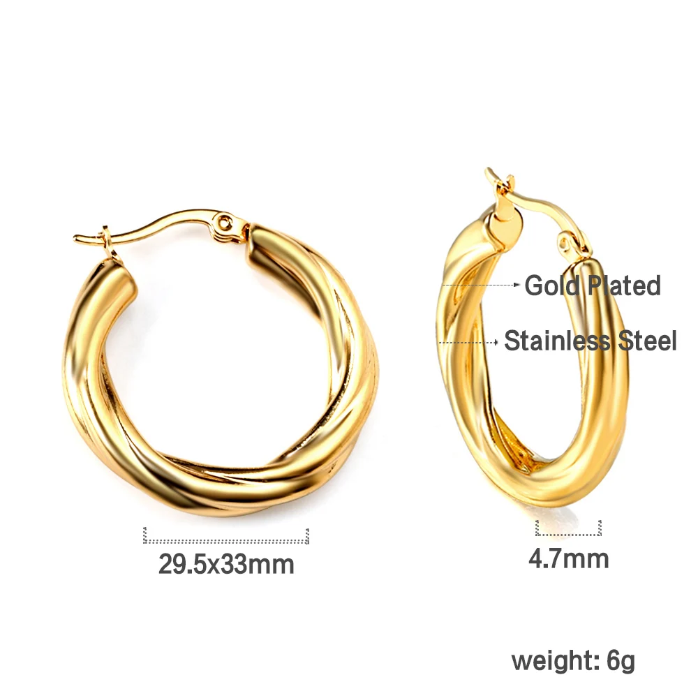 LUXUSTEEL Trendy Twisted Hoop Earrings For Women Golden Plated Silver Color Stainless Steel Round Circle Earrings Punk Jewelry