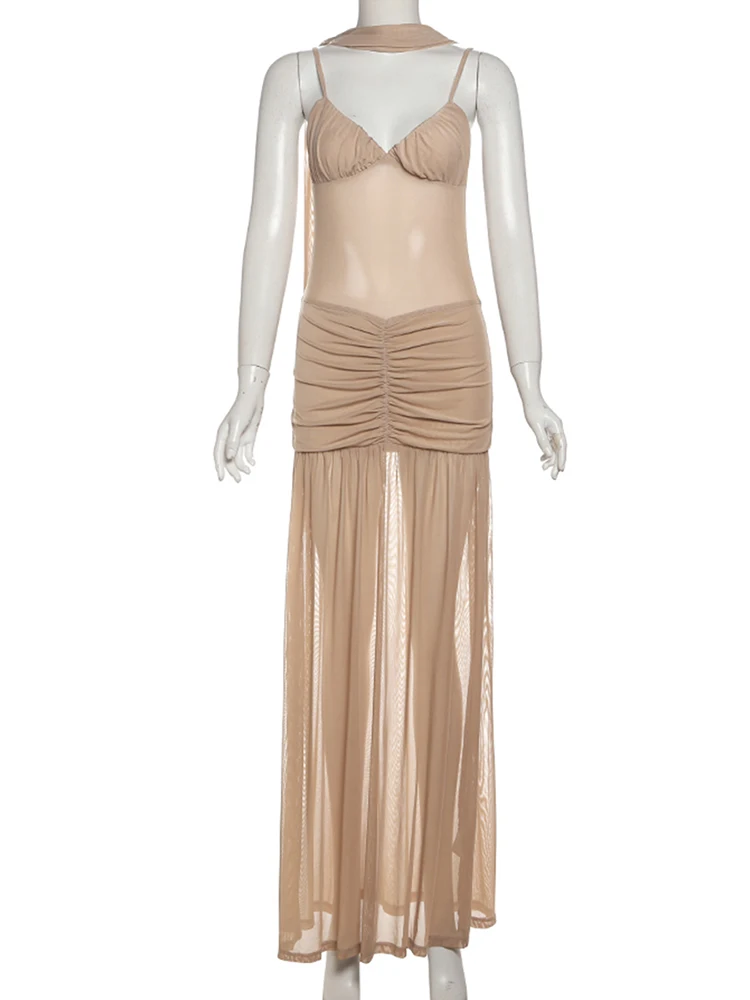 Vestido maxi sexy sem costas + cachecol sólido para mulheres, alça de espaguete com decote baixo, vestido de rua ruched elegante