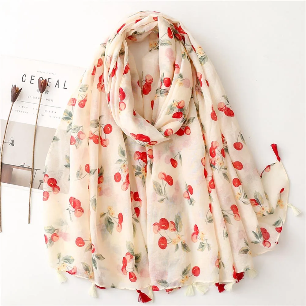 2023 Women Cherry Pattern Tassel Scarf Shawls Long Women Fruit Print Head Wrap Hijab Scarves Free Shipping