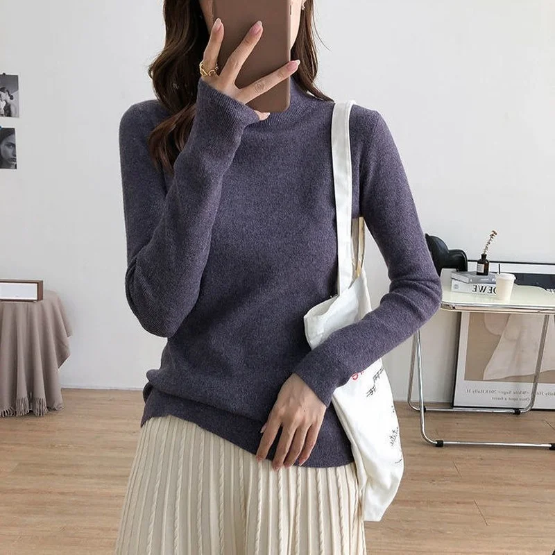 Women Mock neck Sweaters Autumn Winter Korean Slim Pullover Women Basic Tops Casual Soft Knit Sweater Soft Warm Jumper