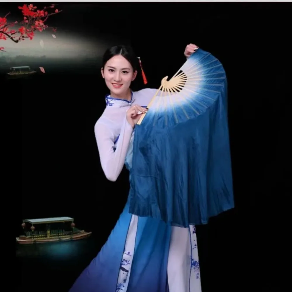 Creative Chinese Classical Dance Fan Hand Dye Traditional Hand Fan Gradient Ink Blue Double-Sided Folding Fan Performance