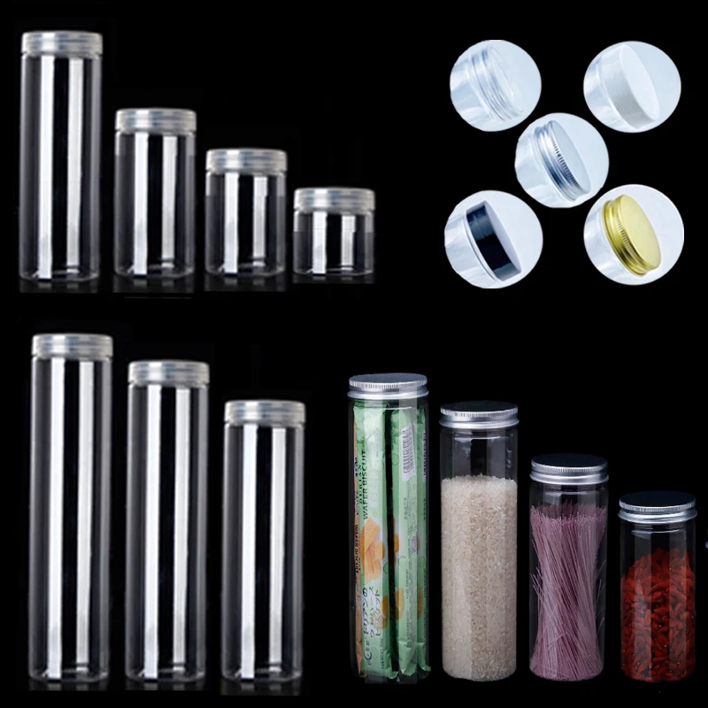 5Pcs100ml-420ml Clear Plastic Jars W/ Aluminum Lids Portable Containers Straight Cylinders Bottle For Dry Cargo Nuts Candy Jams