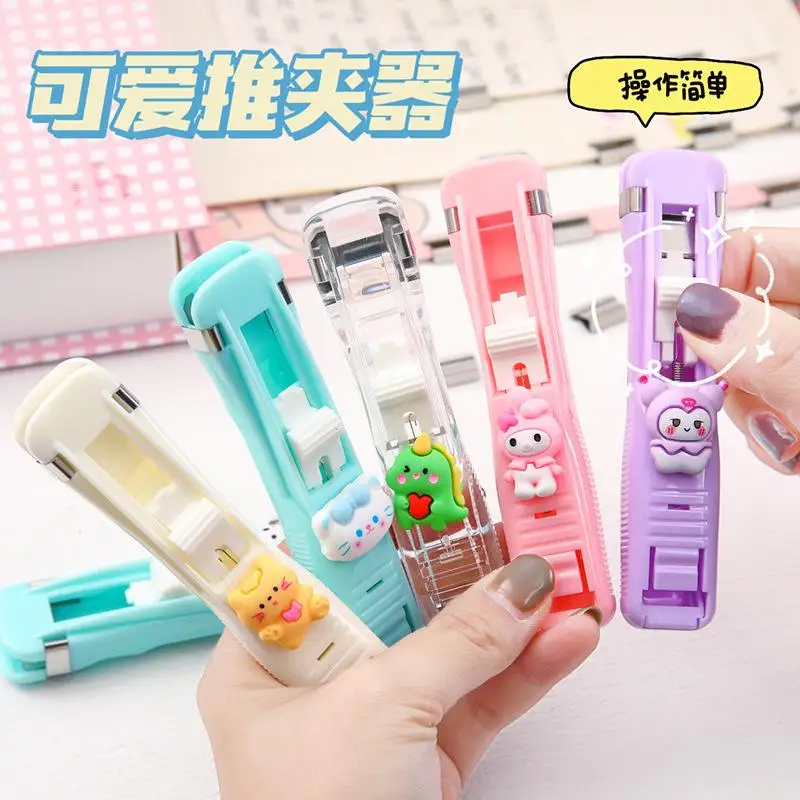 Hot Miniso Kawaii Mini Clip Pusher Hello Kitty Cartoon Household Use Office Binder Kuromi Cute Fashion Student Traceless Stapler