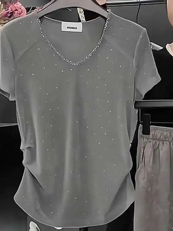 Cseta Fena Plus Size com Decote em V e Manga Curta, Estilo Slim Fit com Cintura Ajustada, Versão Coreana para o Verão