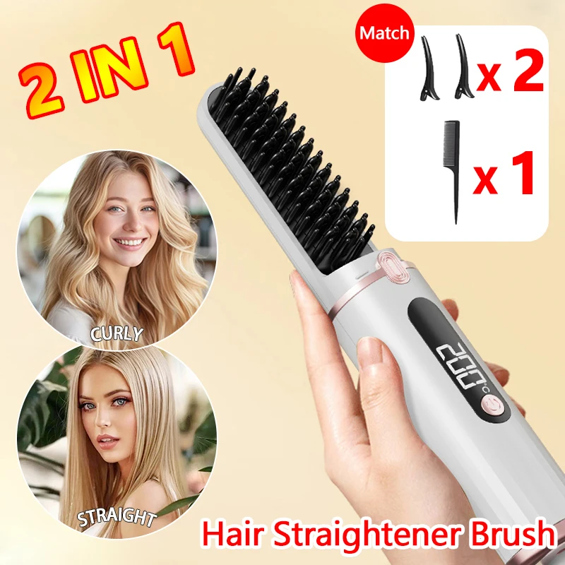 

Hair Straightening Brush 4 Temperature Settings Ceramic Heated Hot Brush Portable Straightener Comb Negative Ion Styling Tool