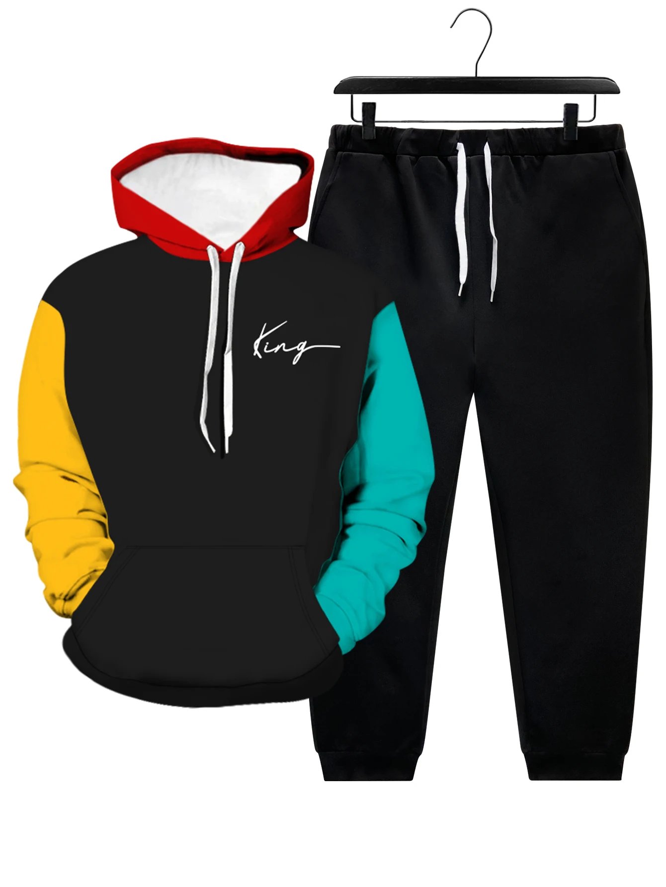 Men's Spring and Autumn Casual Home Hooded Sweatshirt Two-piece Set Contrast Color Drawstring University College Hoodie Set