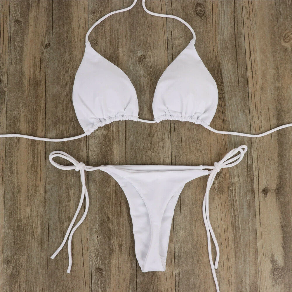 Conjunto de Bikini de Tanga elástico ultrafino para mujer, traje de baño Sexy de Color sólido, estilo vendaje, bañador brasileño