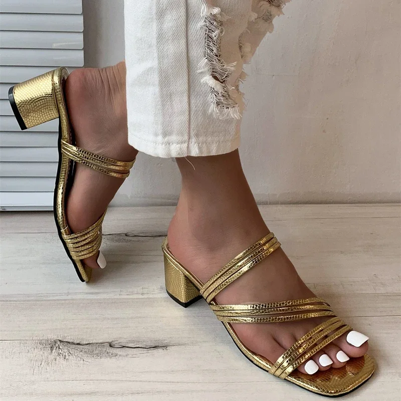 High Heels Sandals Women\'s Shoes 2023 Summer Trends Sexy Gold Fashion Slippers Square Toe Thick With Luxury Party Shoes Size 42