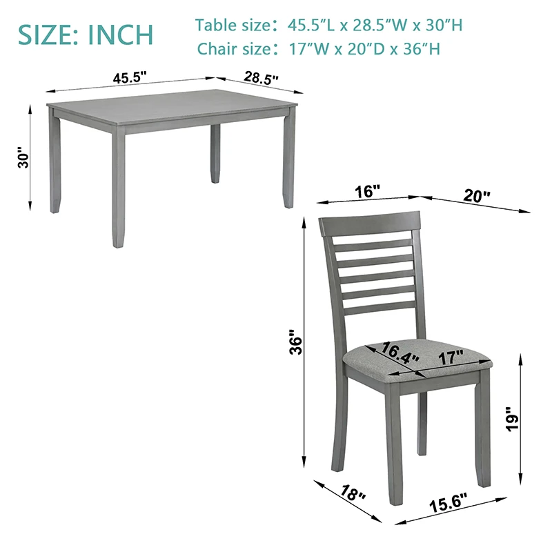 5 Piece Modern Dining Set, Rectangular Wooden Dining Table with 4 Upholstered Chairs for Kitchen, Dining Room, Gray 