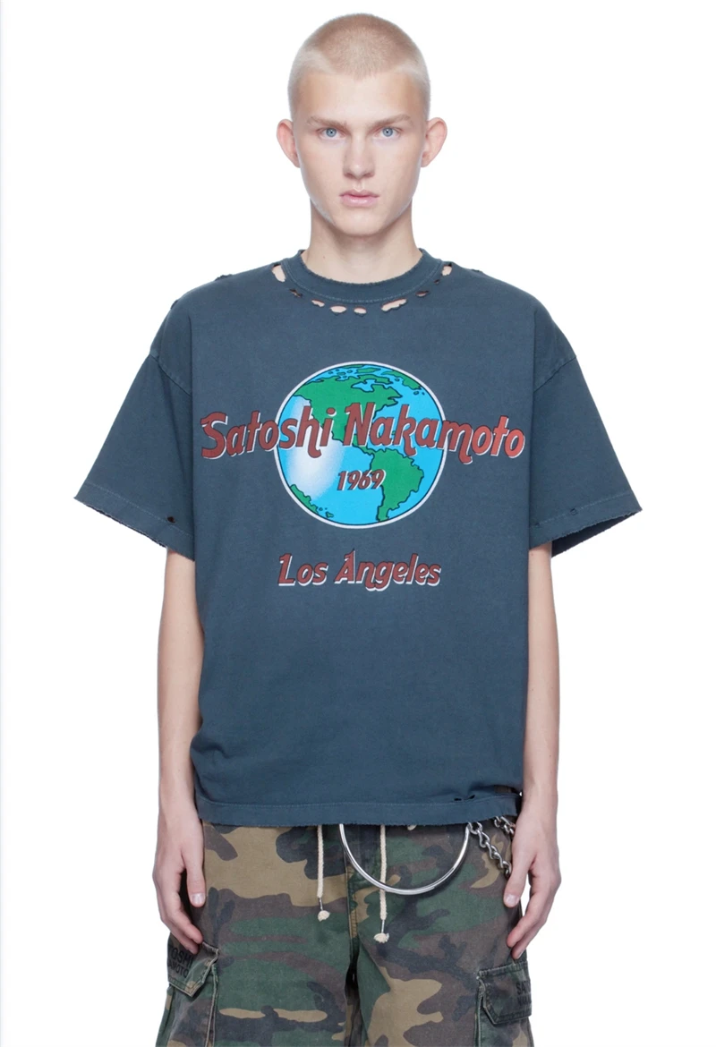 Summer Satoshi Street Vintage Letter Pattern Print Comfort Round Neck Short Sleeve Washed Versatile Trendy Loose Casual T-shirt