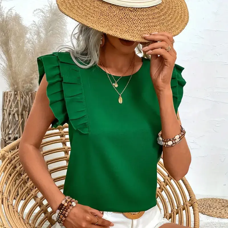 Fashion Loose Solid Green Blouse Women 2024 Summer Casual Ladies Tops Casual Sleeveless O-neck Shirts Blouses Elegant