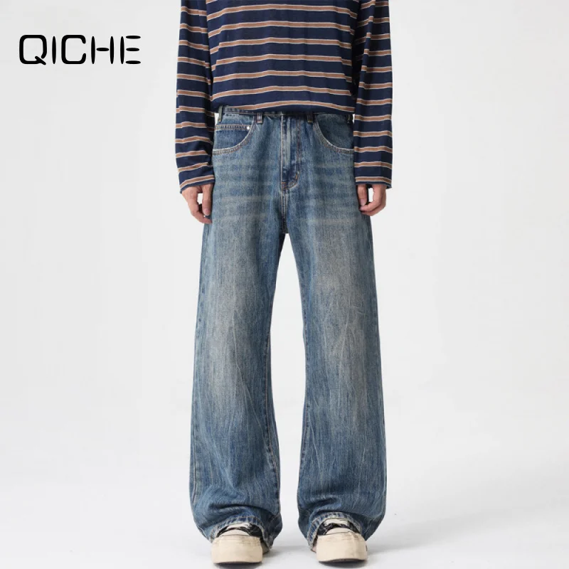QICHE Men American Vintage Washed Whiskering Denim Jeans Minimalist Clean‑Fit Tie‑Pattern Micro Flare Long Trousers