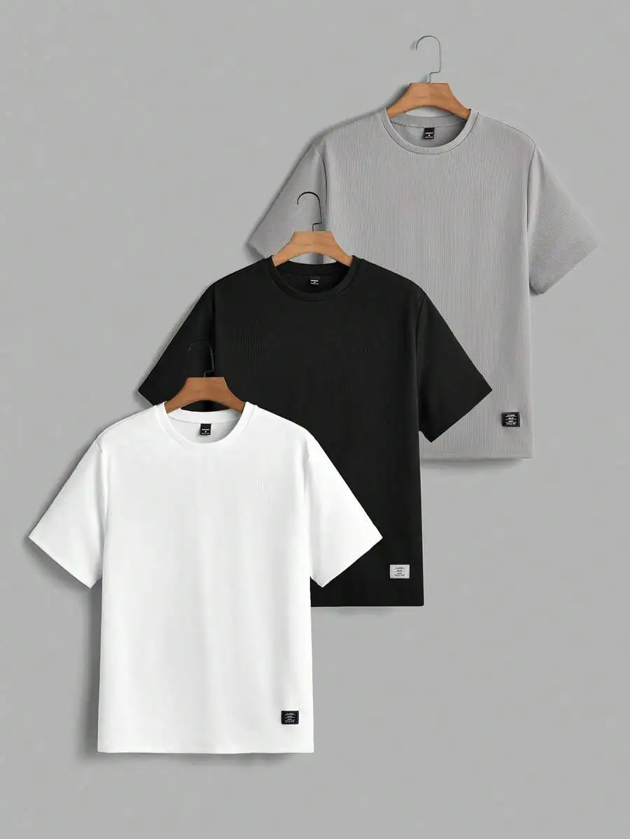 

3pcs Set Mens Crew Neck Ribbed Knit Short Sleeve Casual T Shirts Basic Tees
